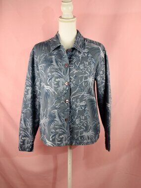 Coldwater Creek Blue & Gray Tropical Palm Print Blouse | Size S